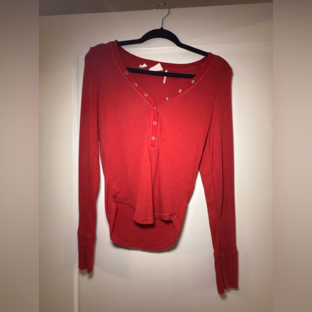 UO Red Button-Up Henley Top